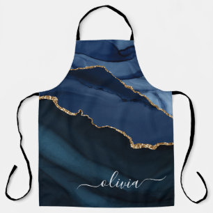 Navy Blue Agate Geode Gold Monogram Apron