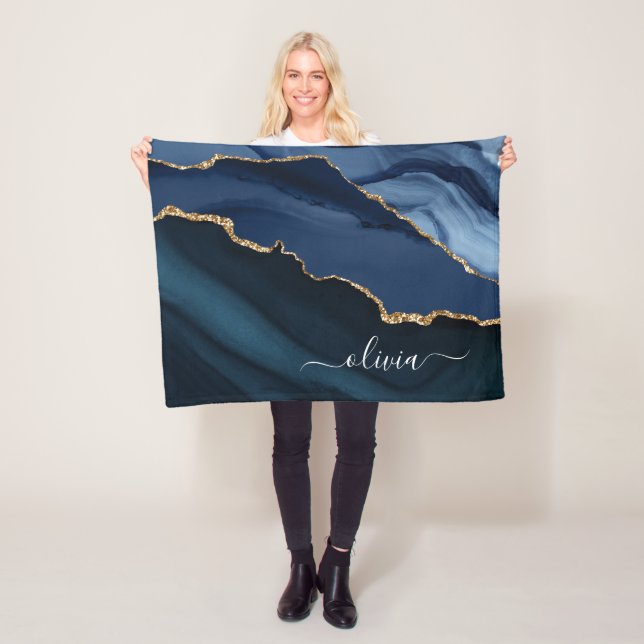 Navy Blue Agate Geode Gold Monogram Fleece Blanket (In Situ)