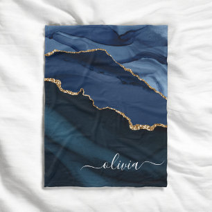 Navy Blue Agate Geode Gold Monogram Fleece Blanket