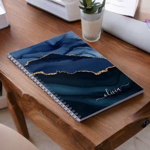 Navy Blue Agate Geode Gold Monogram Notebook