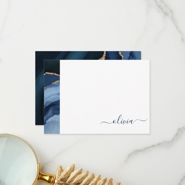 Navy Blue Agate Geode Gold Monogram Thank You Card (Front/Back In Situ)