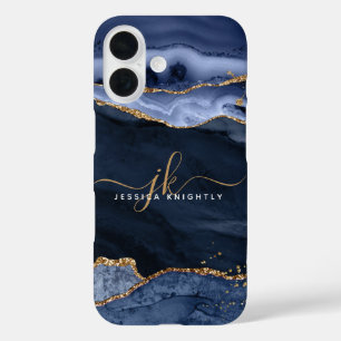 Navy Blue Agate Geode Gold Script Monogram iPhone 16 Case
