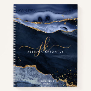 Navy Blue Agate Geode Gold Script Monogram Notebook