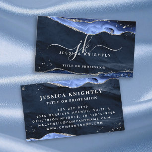 Navy Blue Agate Geode Monogram Silver Script Business Card