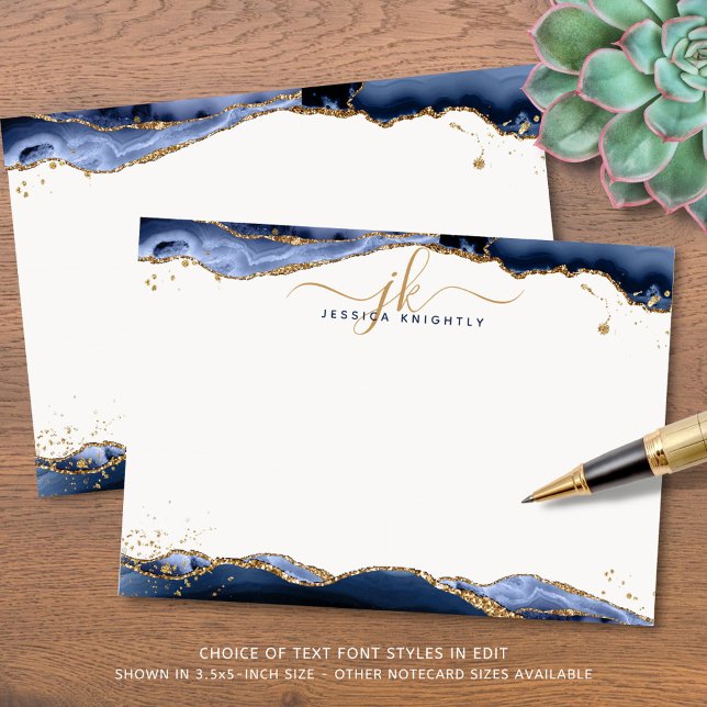 Navy Blue Agate Geode Script Monogram Gold Glitter Card (Creator Uploaded)