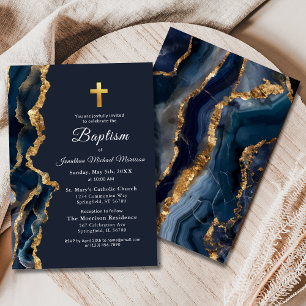 Navy Blue Agate Gold Baptism Modern Elegant Invitation