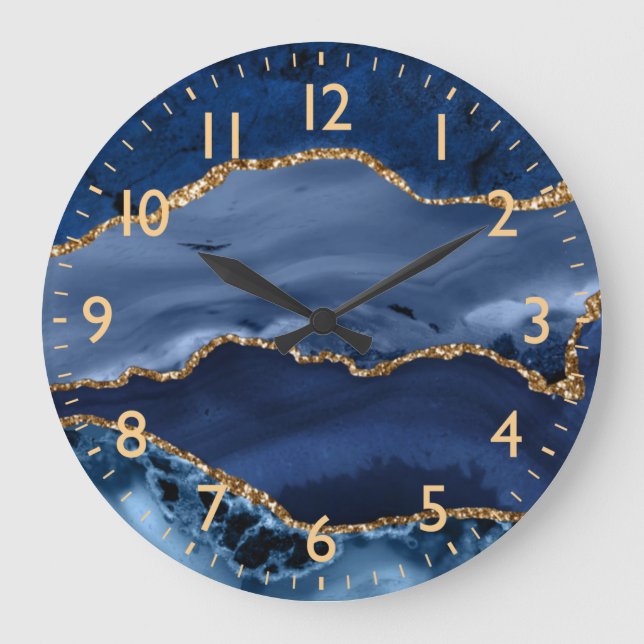 Navy Blue Agate Gold Glitter Abstract Luxe Large Clock (Front)