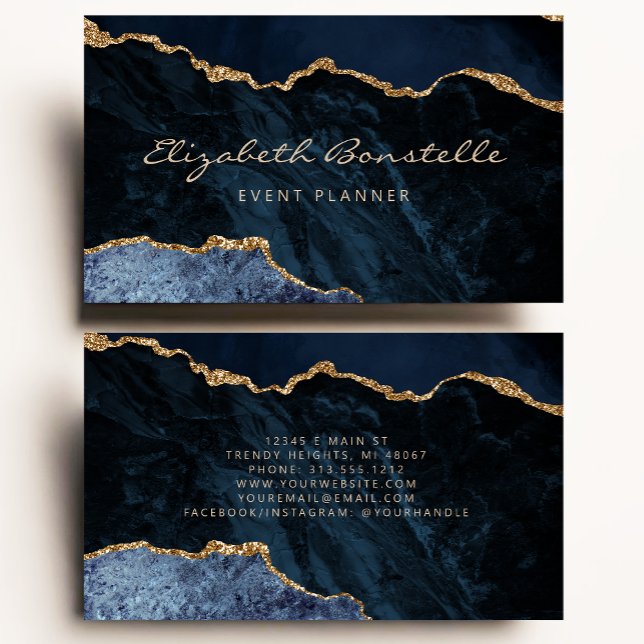 Navy Blue Agate Gold Glitter Luxury Business Card (Creator Uploaded)