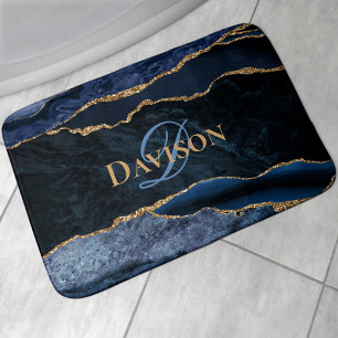 Navy Blue Agate Gold Glitter Monogram Bath Mat