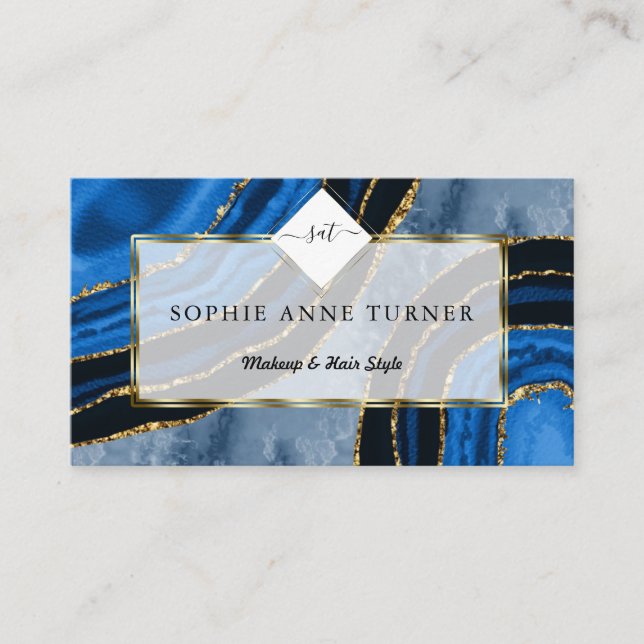Navy Blue Agate Gold Initials Logo Makeup Artist Business Card (Front)