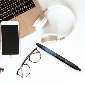 Navy Blue Agate Gold Marble Monogrammed Black Ink Pen