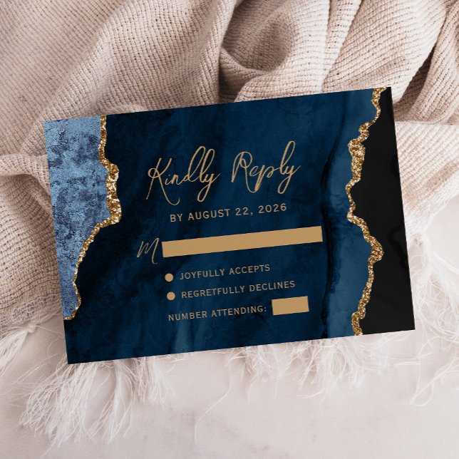 Navy Blue Agate Gold Script Wedding RSVP Card (Creator Uploaded)