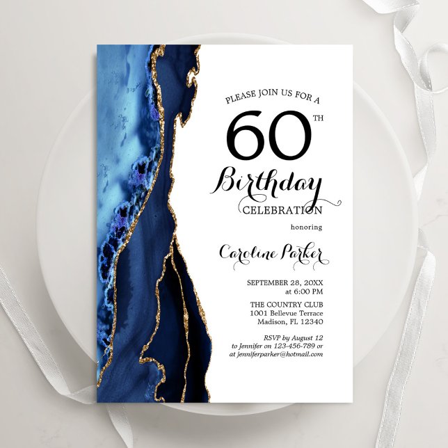 Navy Blue Agate Gold White 60th Birthday Invitation (Creator Uploaded)