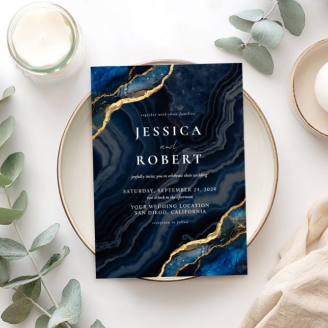 Navy Blue Agate Marble Elegant Wedding Invitation (Creator Uploaded)