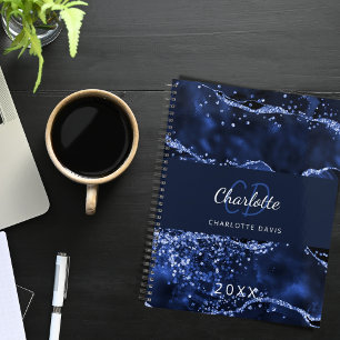 Navy blue agate marble glitter monogram 2022 planner