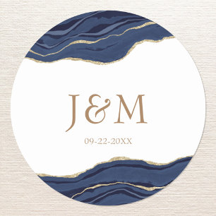 Navy Blue Agate Marble Gold Glitter Wedding Classi Classic Round Sticker