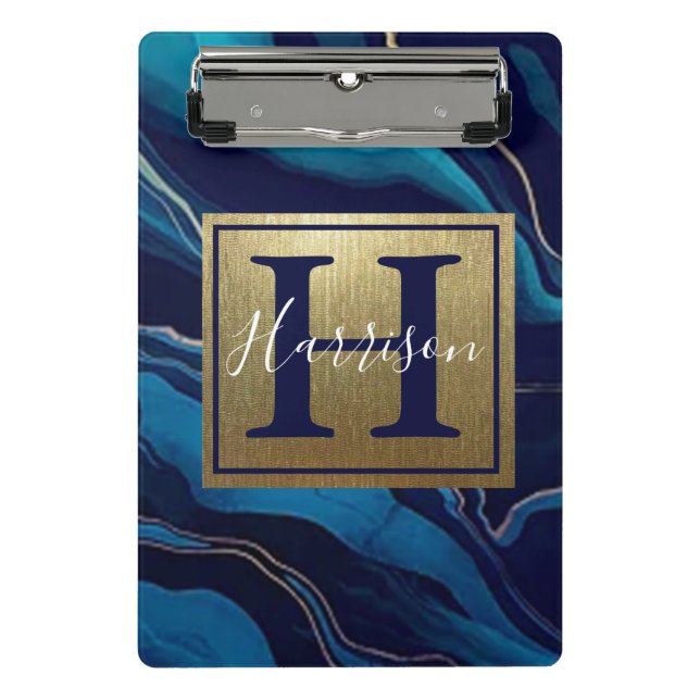Navy Blue Agate Marble Gold Name and Monogram  Cli Mini Clipboard (Front)