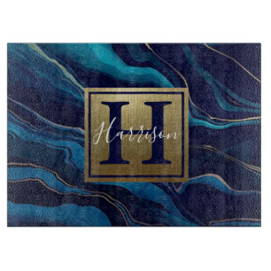 Navy Blue Agate Marble Gold Name and Monogram Cutting Board