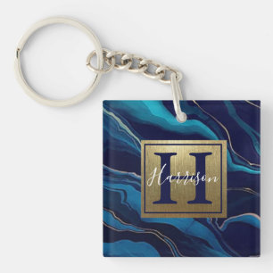 Navy Blue Agate Marble Gold Name and Monogram  Keychain