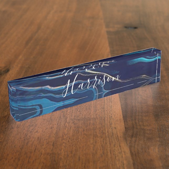 Navy Blue Agate Marble Gold Name and Monogram   Nameplate (Side)