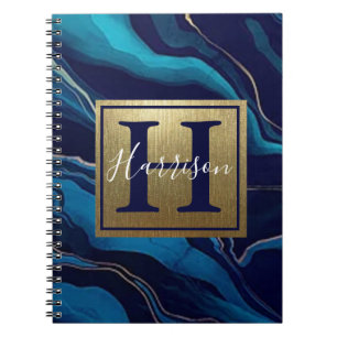 Navy Blue Agate Marble Gold Name and Monogram  Notebook