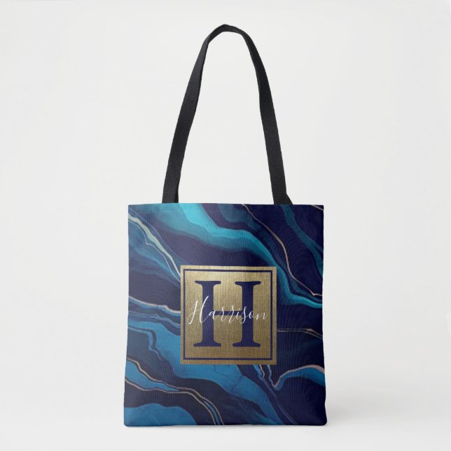 Navy Blue Agate Marble Gold Name and Monogram  Tote Bag (Front)
