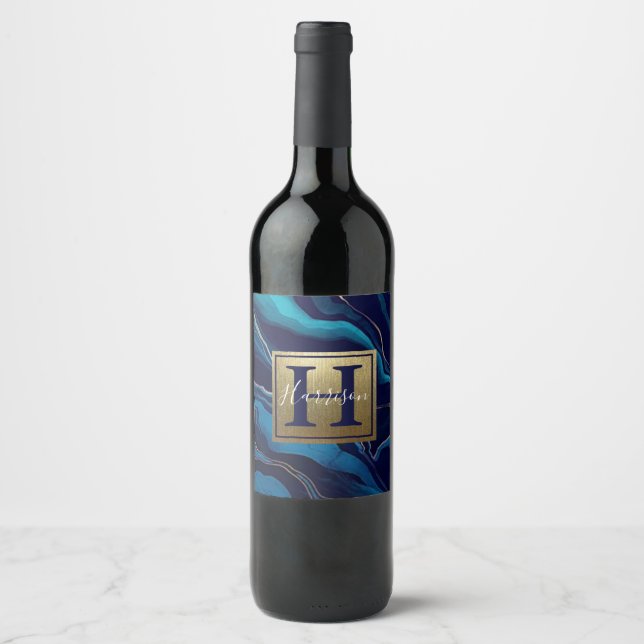Navy Blue Agate Marble Gold Name and Monogram  Wine Label (Front)