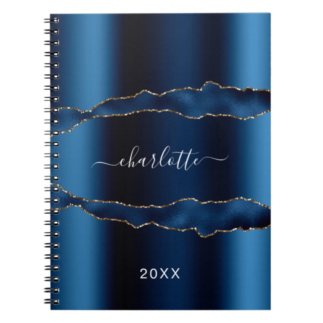 Navy Blue agate marble name script Notebook (Front)