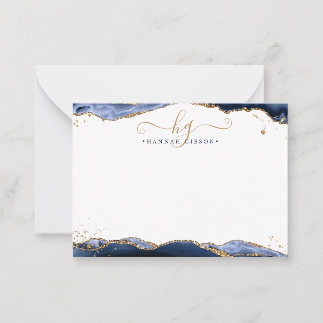 Navy Blue Agate Monogram Fancy Script Gold Glitter Card (Front)