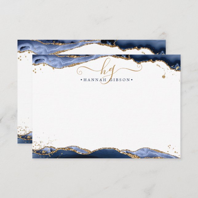 Navy Blue Agate Monogram Fancy Script Gold Glitter Card (Front/Back)