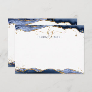 Navy Blue Agate Monogram Fancy Script Gold Glitter Card