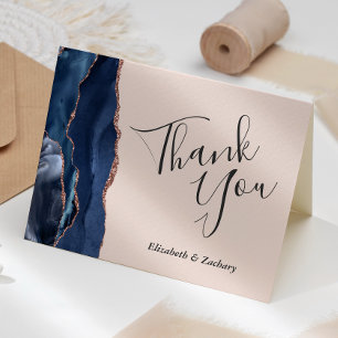 Navy Blue Agate Rose Gold Blush Wedding Thank You Card