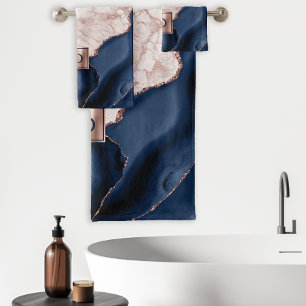 Navy Blue Agate Rose Gold Marble Monogram Bath Towel Set