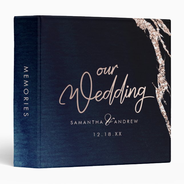 Navy Blue Agate & Rose Gold Wedding Photo Album Binder (Front/Spine)