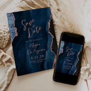 Navy Blue Agate Rose Gold Wedding Save the Date Invitation