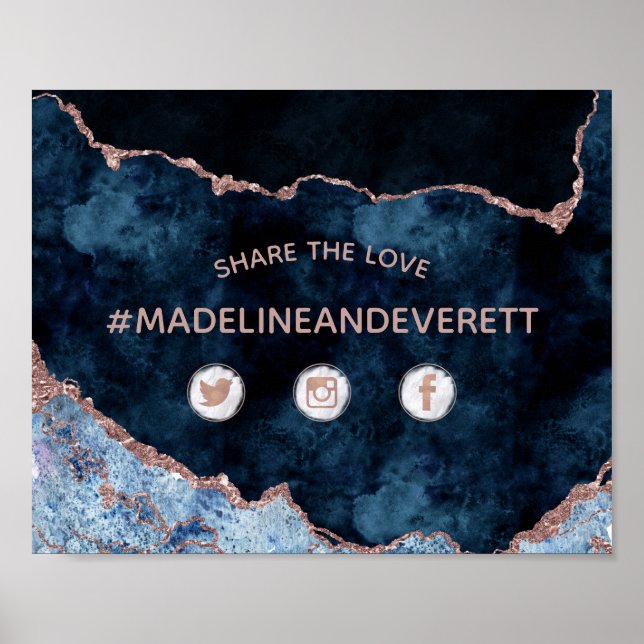 Navy Blue Agate Share the Love Wedding Social Sign (Front)