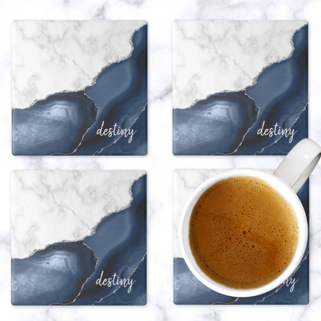 Navy Blue Agate Signature White Marble Silver Stone Coaster (Creator Uploaded)