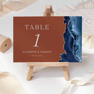 Navy Blue Agate Silver Burnt Orange Wedding Table Number