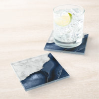 Navy Blue Agate Silver Glitter White Faux Marble