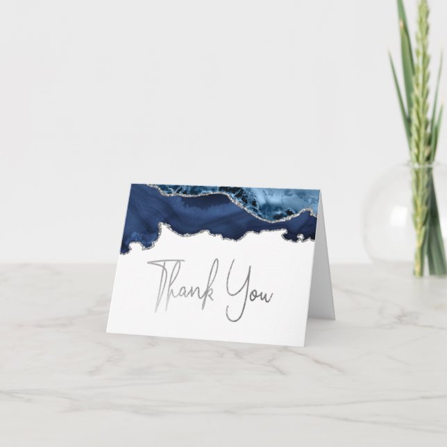Navy Blue Agate Silver Script Thank You Card (Front)