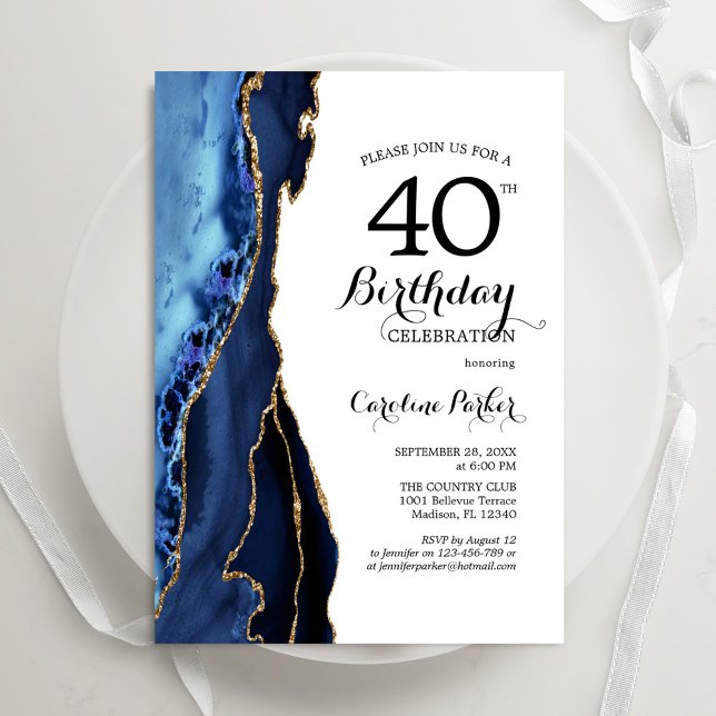 Navy Blue Agate White Gold 40th Birthday Invitation (Creator Uploaded)