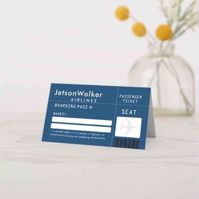 Navy Blue Airline Ticket Escort Place Card (Front)