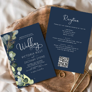 Navy Blue All in One Eucalyptus QR Code Wedding Invitation