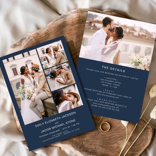 Navy Blue All In One Minimalist Photo Wedding Invitation (Creator Uploaded)