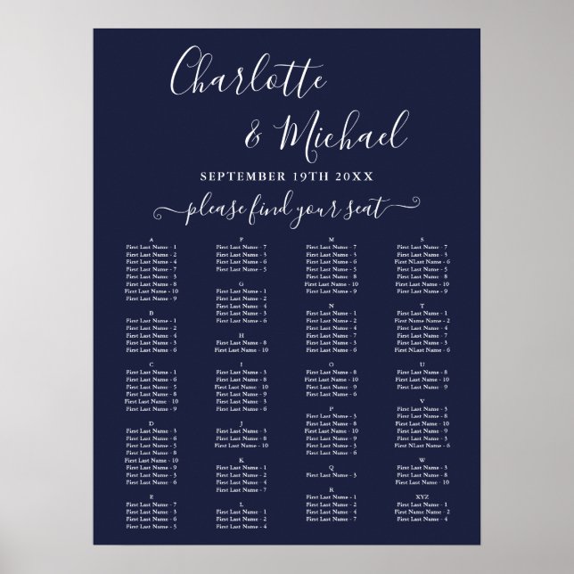 Navy Blue Alphabetical Wedding Seating Chart (Front)