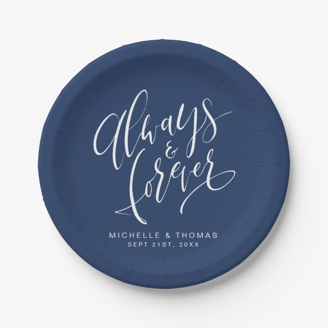 Navy Blue Always And Forever Script Wedding Paper Plate (Front)
