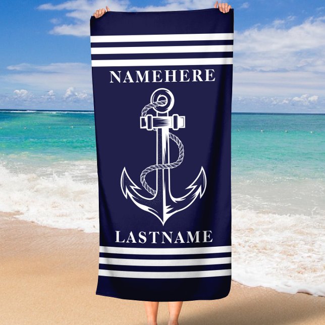 Navy Blue Anchor and Stripes Custom Name or Text  Beach Towel (Navy Blue Anchor and Stripes Custom Name or Text Beach Towel)