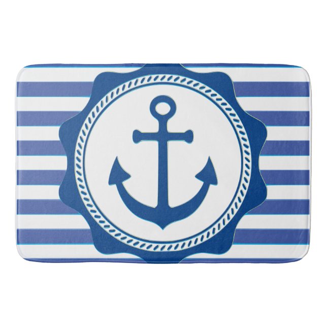 Navy Blue Anchor And Stripes Nautical Bath Mat (Front)