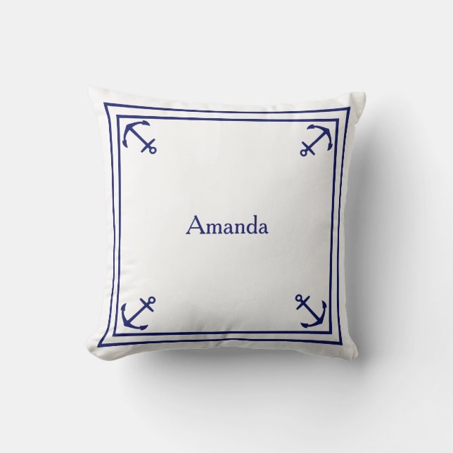 Navy Blue Anchor Border on White Throw Pillow (Front)