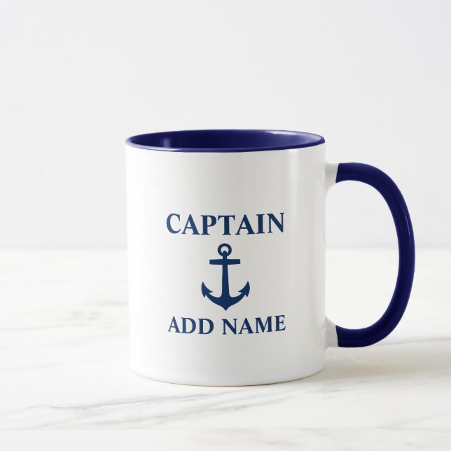 Navy Blue Anchor Captain Add Name or Boat Name BW Mug (Right)